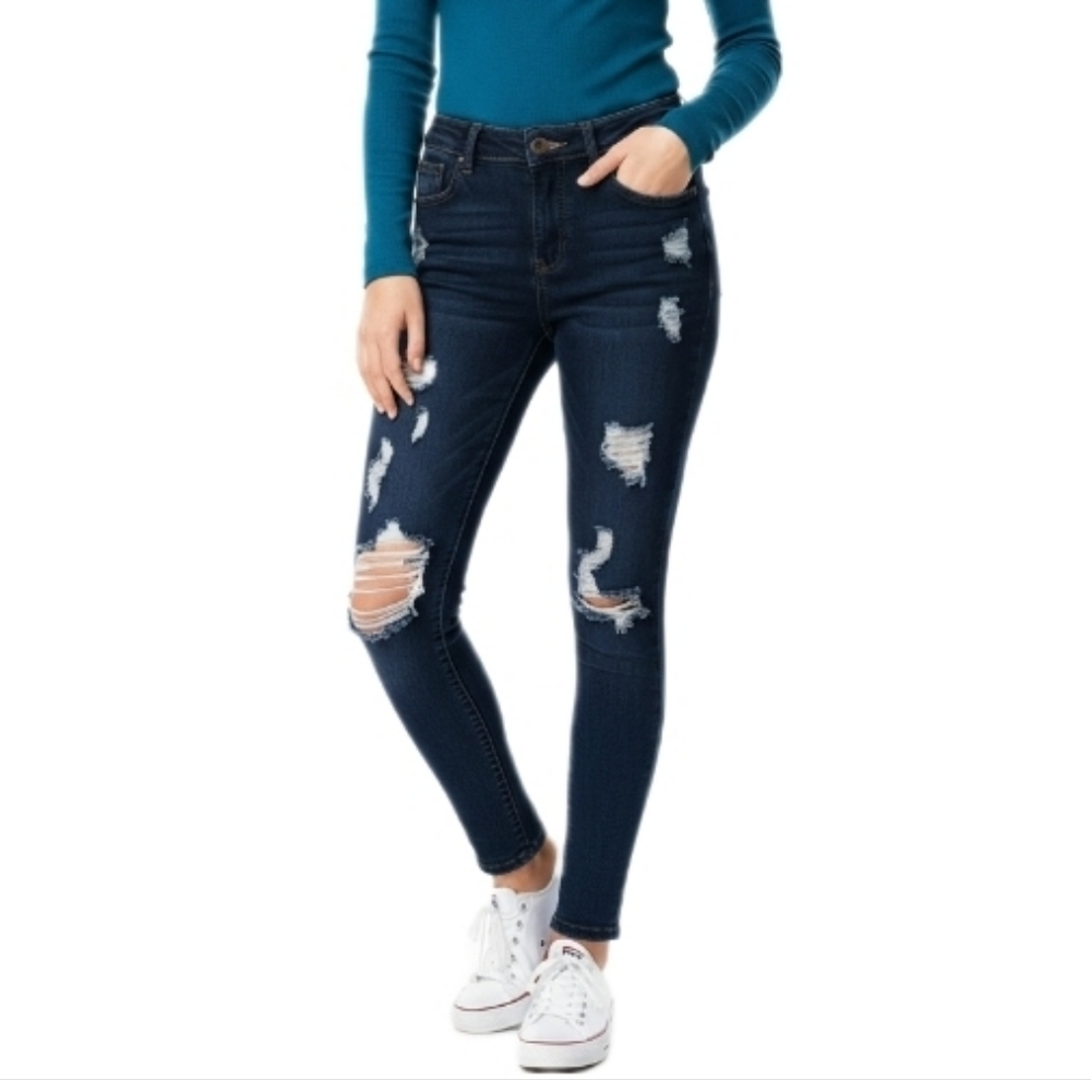 Ashley Mason Dark Wash Distressed Skinny Jeans Ripped Stretch Denim Y2K